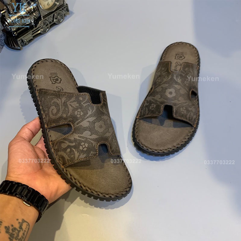 Dép Nam Chữ H Da Bò Thật 100% Bề Mặt Lót Da Mềm Đi Êm Khâu Viền Chắc Chắn