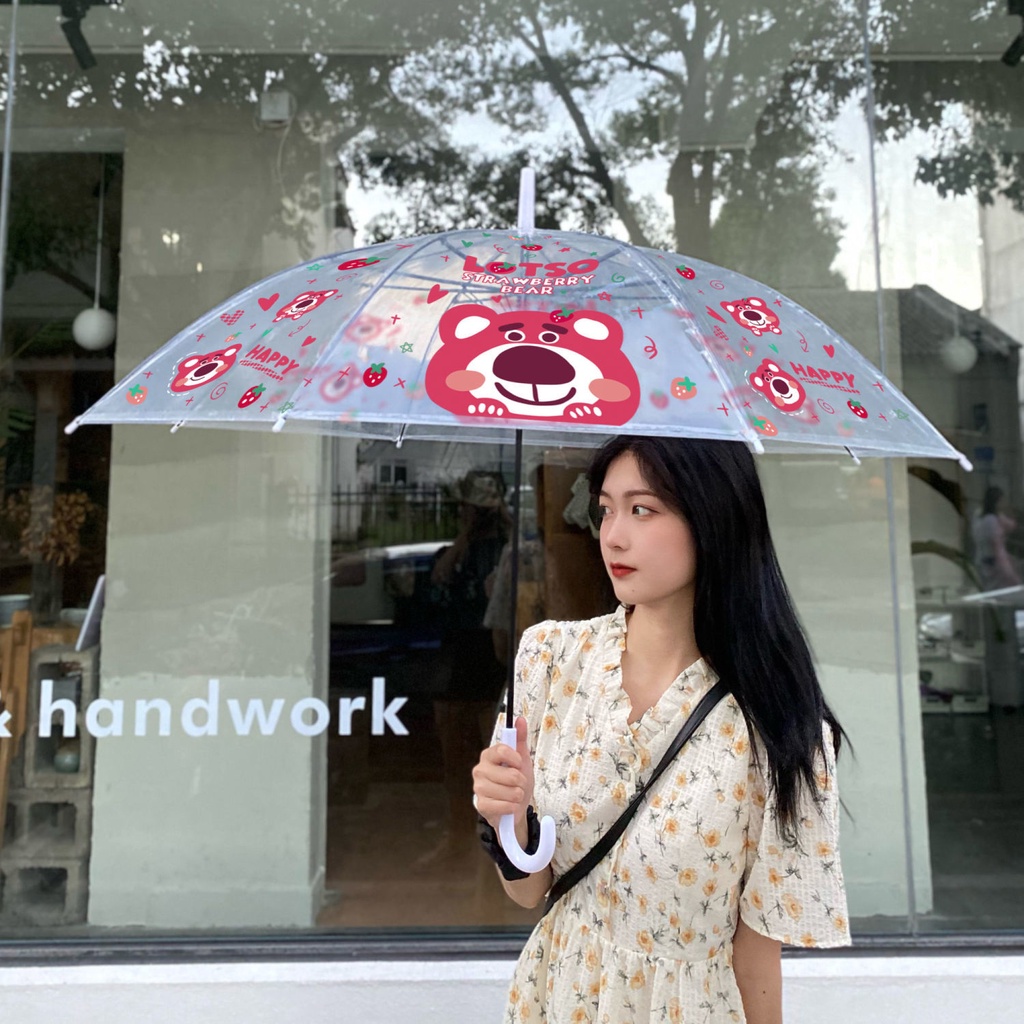 Dù Gấp Tự Động Tay Cầm Dài Trong Suốt In Hình Gấu Dâu Tây Dễ Thương