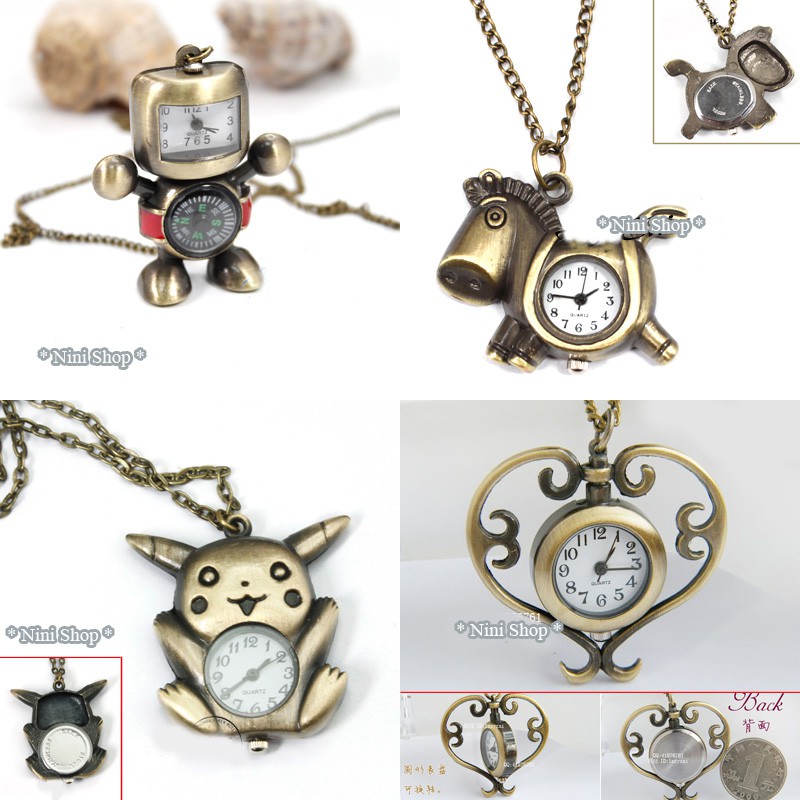Dây chuyền mặt đồng hồ tim xoay-Pika-ngựa-Robo bi-cú mèo