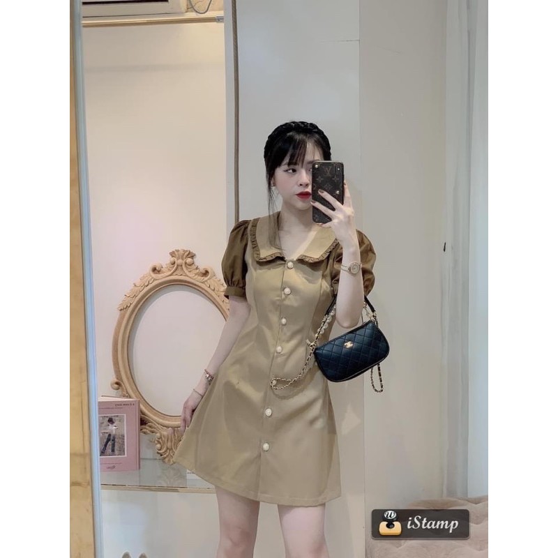 VNU248 - VÁY DÁNG A KAKI BE TAY NÂU CỔ VIỀN BÈO | BigBuy360 - bigbuy360.vn