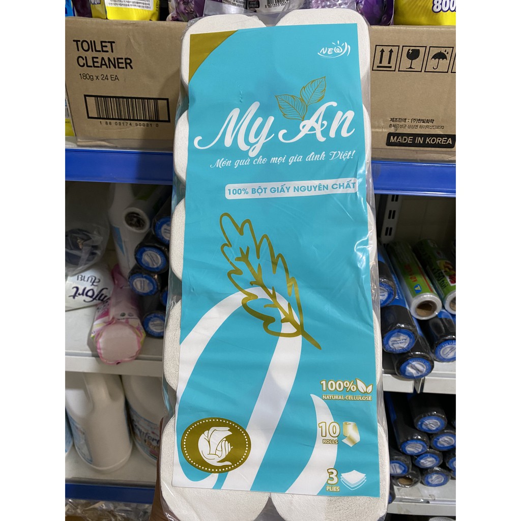 Bịch 10 cuộn giấy vệ sinh My An không lõi 3 lớp bột giấy nguyên chất 100%