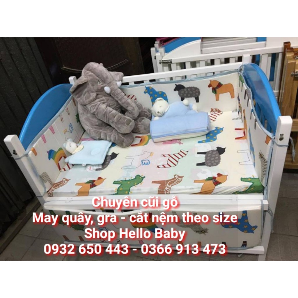 COMBO Nệm Quây Ga cho cũi gỗ kích thước 120*80 vải cotton Hàn nhập khẩu cao cấp.