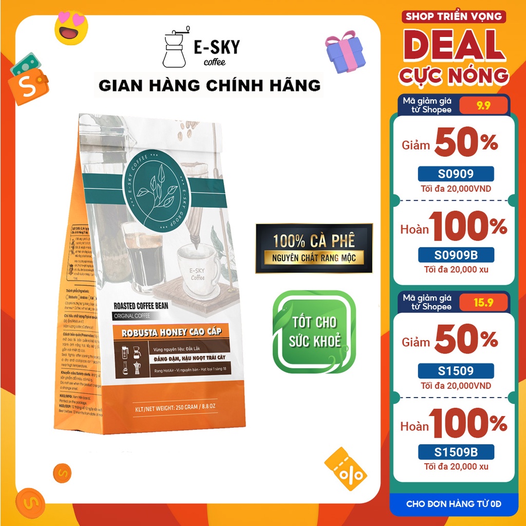 Cà Phê Rang Xay Nguyên Chất Robusta Honey E-sky Coffee Cafe Pha Phin Pha Máy Cold Brew 250g-500g
