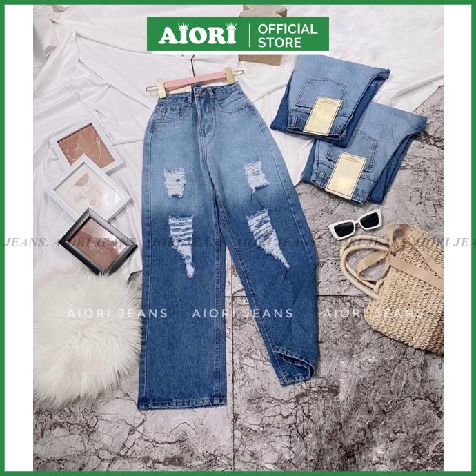 Quần Jean Nữ Aiori Fashion Ống Rộng Lưng Cao Trơn Rách Gối Kiểu Bò Suông Cạp Cao Thời Trang Hàn Quốc Ulzzang_S86