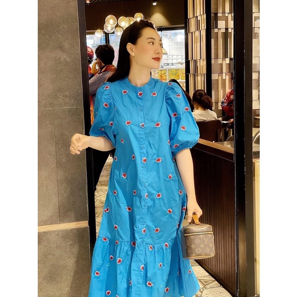 Váy tay bồng dài xanh hoa thêu zara xuất dư xịn