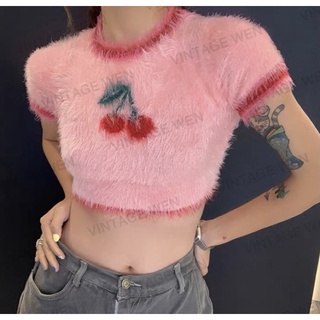 Croptop len cherry hồng