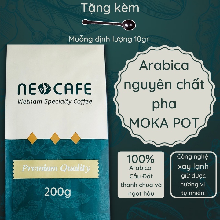 Cà phê Arabica NEOCAFE cafe rang xay nguyên chất cà phê ngon loại cà phê pha Moka Pot gói 200 gr nguồn hạt cafe Cầu Đất