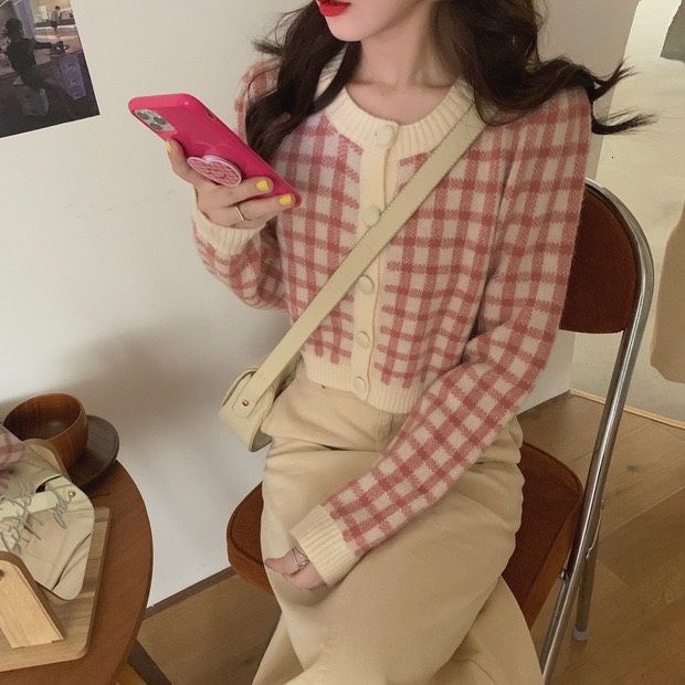 Áo Khoác Cardigan Dệt Kim Mỏng Tay Dài Dáng Ngắn Kẻ Sọc Ca Rô Dễ Phối Đồ Cho Nữ