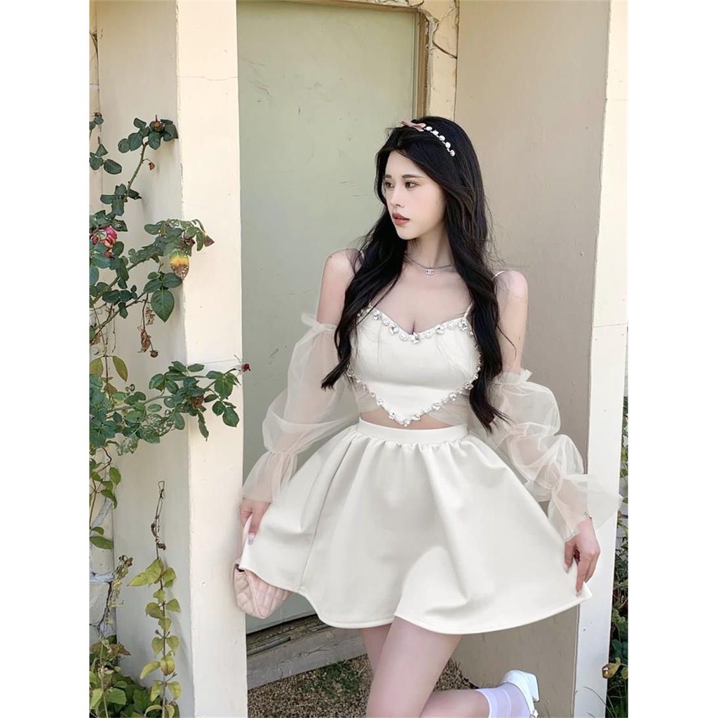 Bán Chạy Bộ Đồ Công Chúa Pettiskirt Hai Dây Khảm Đá Kim Cương Tinh Khiết Hình Trái Tim Phối Lưới May Tỉ Mắn + Eo Cao