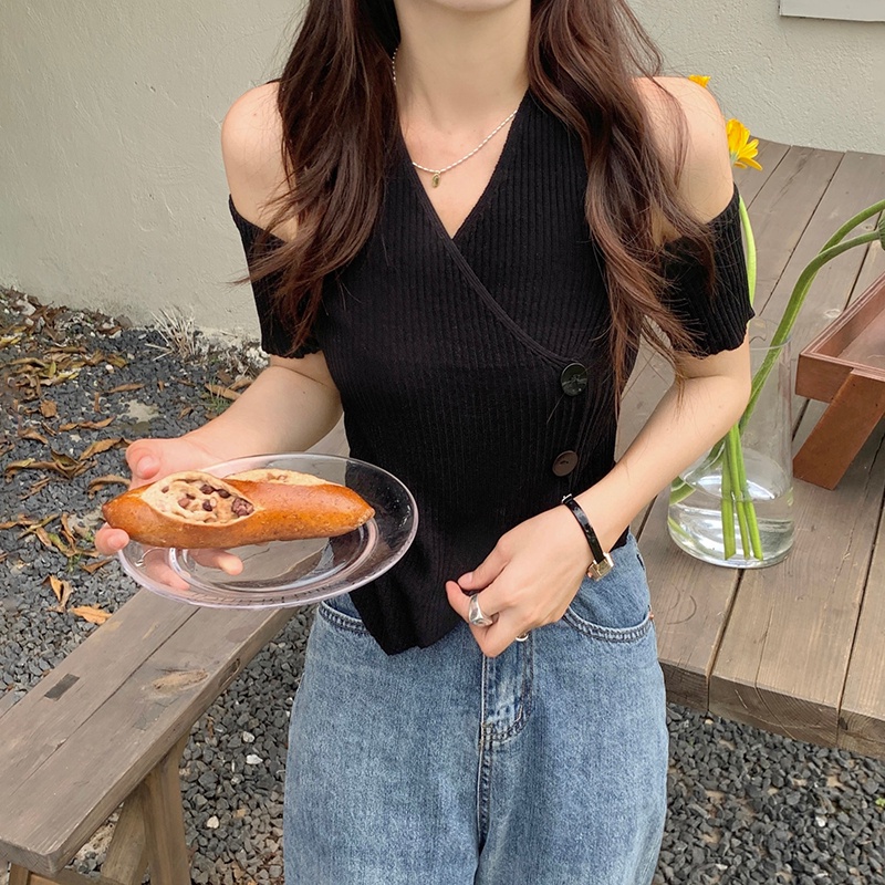 SUXI Áo Croptop Dệt Kim Tay Ngắn Cổ Chữ V Thiết Kế Trễ Vai Thời Trang Mùa Hè Mới Cho Nữ