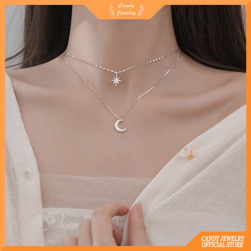 Vòng cổ Hai Lớp Hình Trăng Sao Đính Đá Zircon Phong Cách Hàn Quốc Thời Trang Cho Nữ
