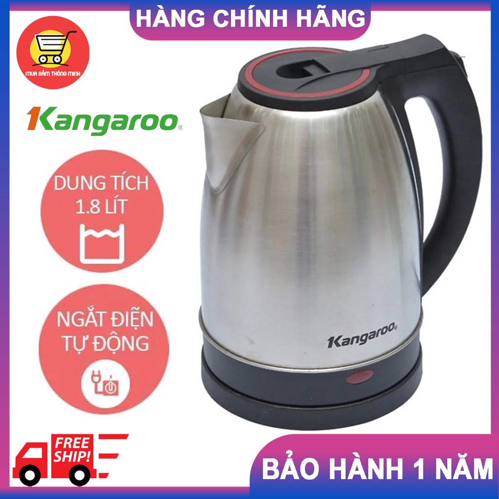 Ấm Siêu Tốc Ấm Đun Nước Kangaroo KG338 1,8 lít Inox Siêu Bền, Không Mùi - Hàng Chính Hãng