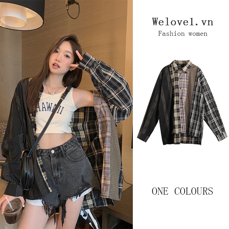 Áo Sơ Mi Nữ Tay Dài Dáng Rộng Họa Tiết Caro Phong Cách retro