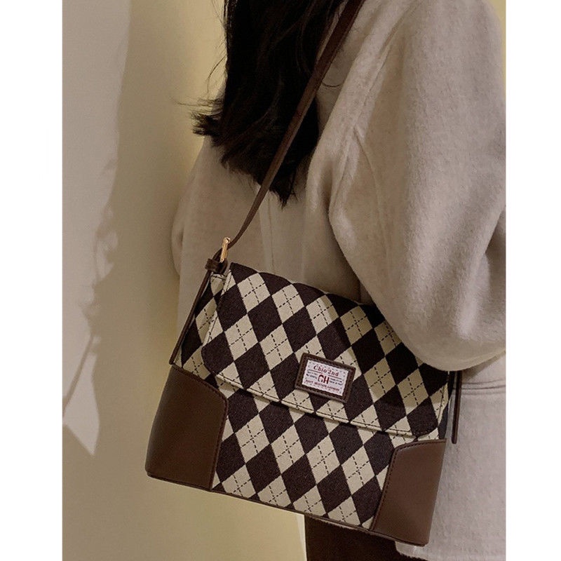 Oeteo Túi Xách Đeo Vai Cỡ Lớn Họa Tiết Caro Màu Nâu Dễ Thương Cho Nữ