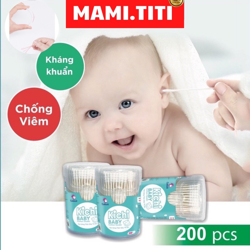 Tăm bông cho bé sơ sinh KICHILACHI thân giấy hộp 200 que cho bé - MAMI TITI