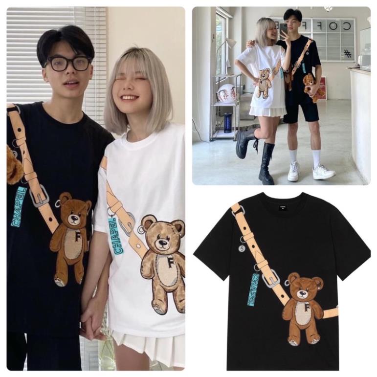 Áo cotton tay lỡ dáng rộng unisex túi gấu đeo chéo