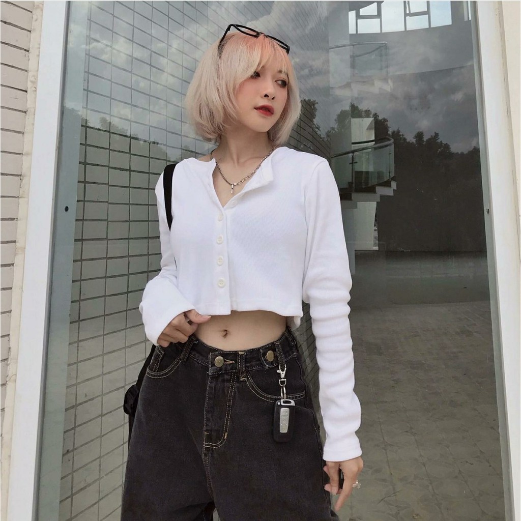 Áo Croptop YAN Cổ Tim Tay Dài Phối Khuy Unisex (7 MÀU)