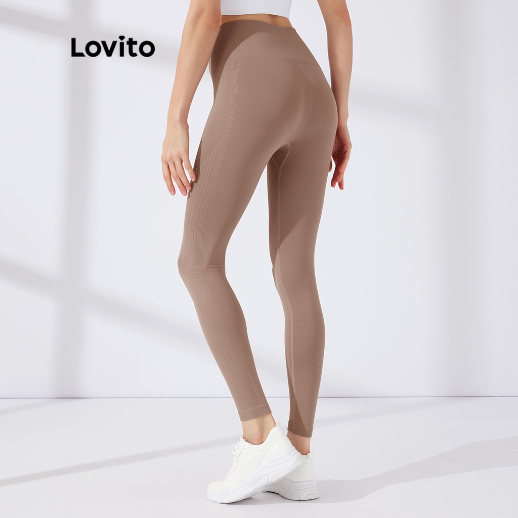 Quần legging thể thao Lovito cạp cao màu trơn bản rộng L23AD028 (màu đen/màu cà phê/màu trắng)