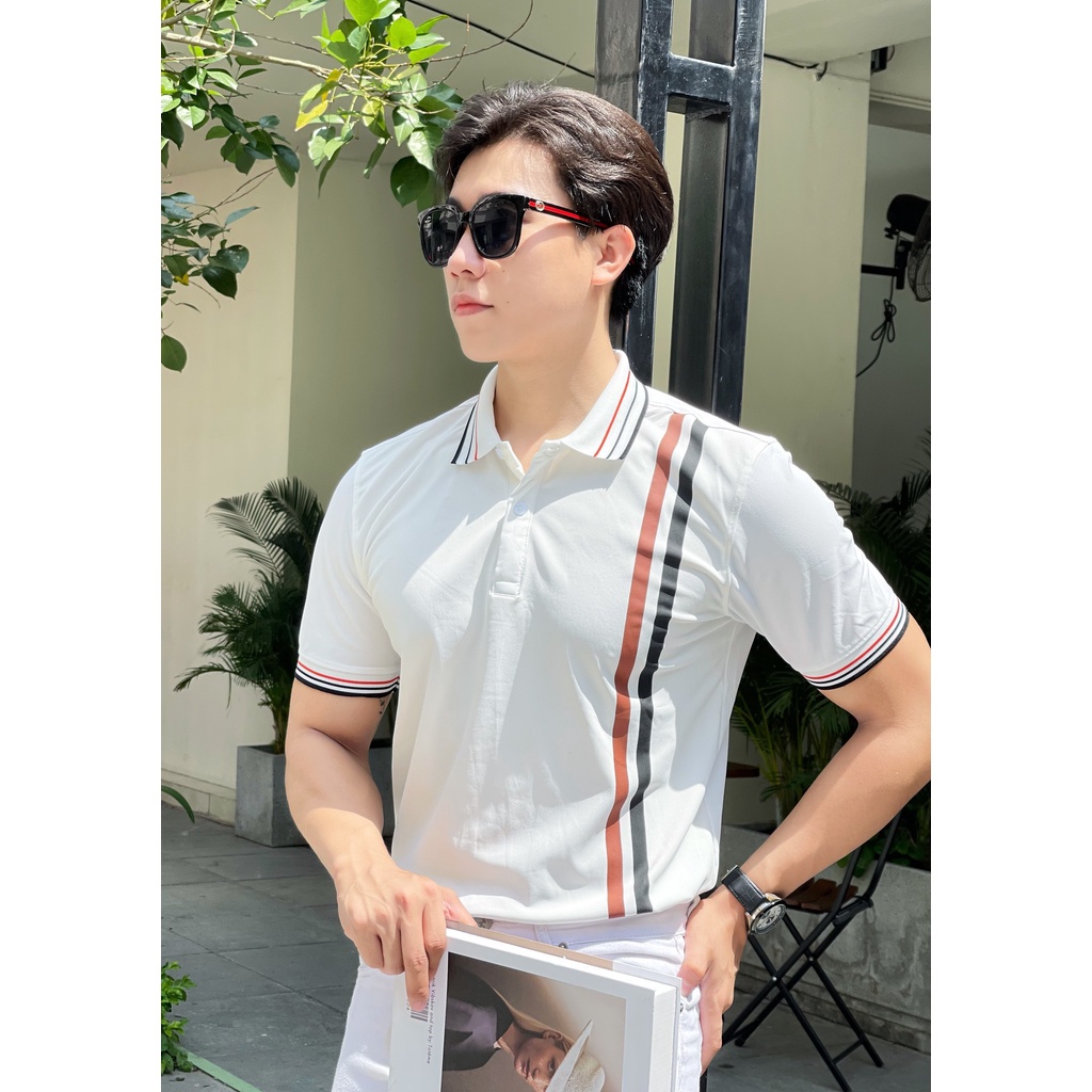 Áo polo nam cổ bẻ phối dây sọc nâu chất vải cá sấu Cotton xuất xịn,chuẩn form, sang trọng - thanh lịch TB039