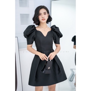 [J'aime Label] Đầm Đen Tay Phồng Cổ V Dáng Xoè