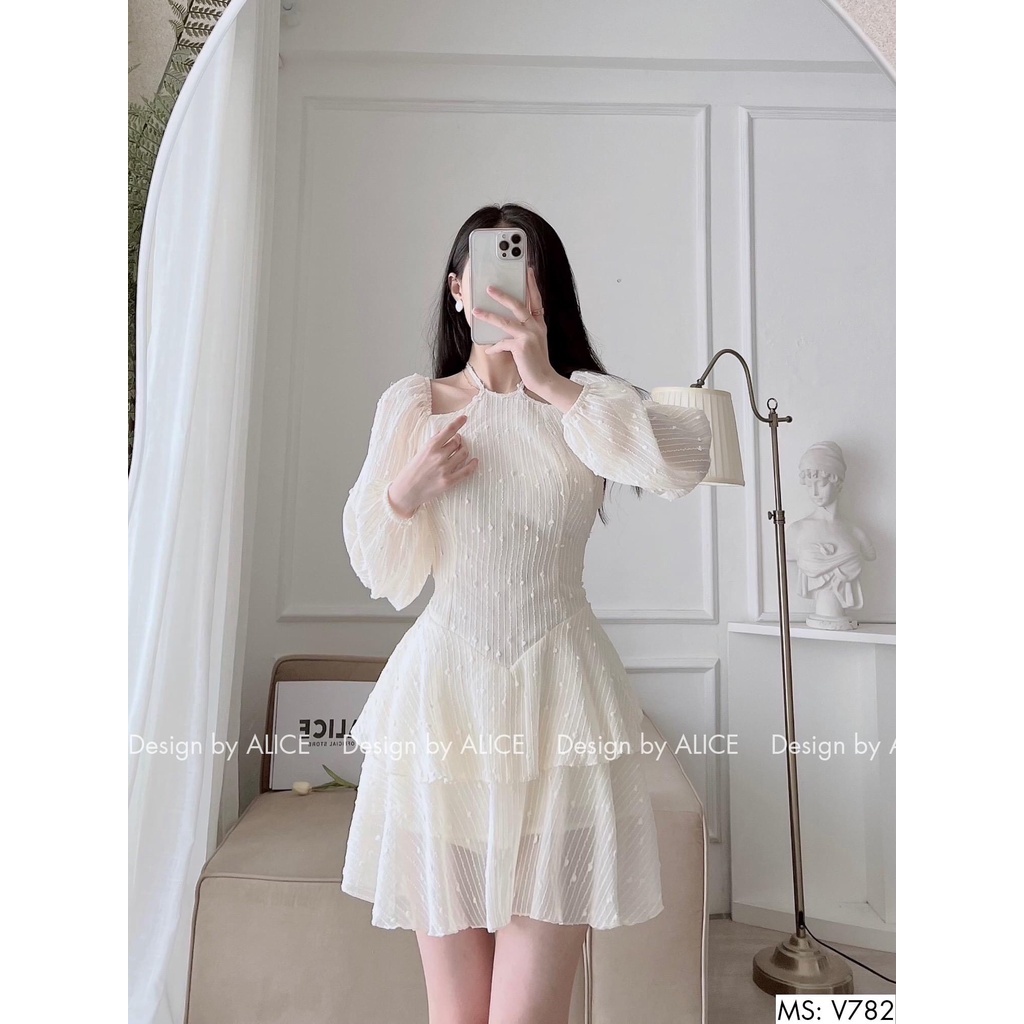 Đầm dự tiệc cổ yếm tay dài dáng xòe thanh lịch - Ali Dress