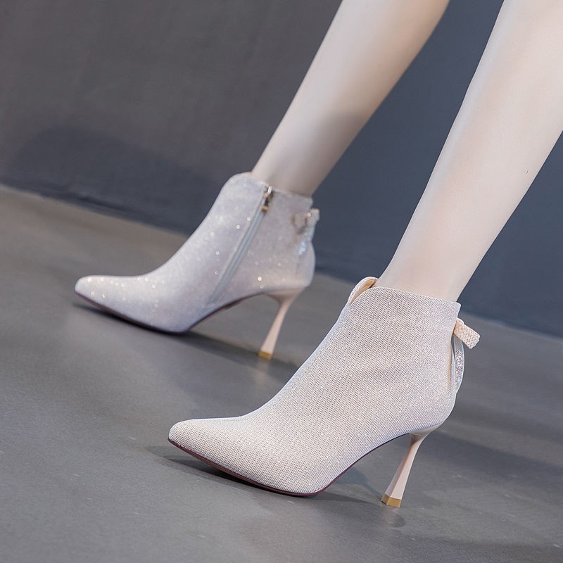 ◕2020 autumn and winter new bow beige short boots female stiletto pointed high-heel Martin wild ankle nude