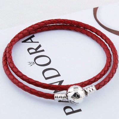 Vòng tay Pandora da bò mạ bạc 925 đính hạt tròn thời trang