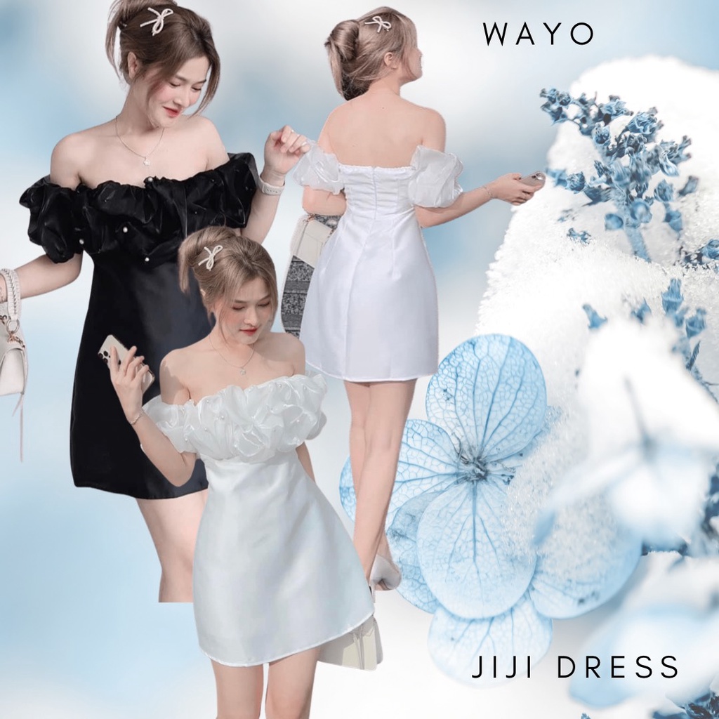 Đầm WAYO trễ vai đính ngọc 2 màu trắng đen dạo phố xinh đẹp
