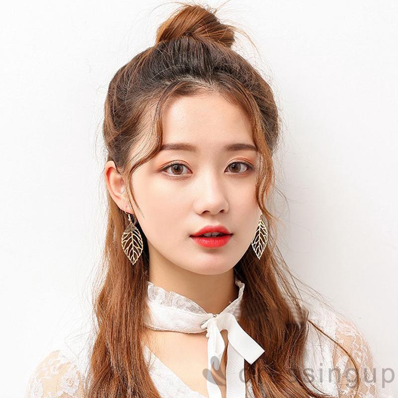 DRESSINGUP-Đôi Khuyên Tai Hình Chiếc Lá Màu Vàng / Bạc Phong Cách Bohemian Cổ Điển Thời Trang