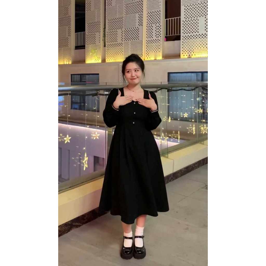 Đầm Bigsize Hepburn Dài Tay Cổ Vuông Vải Co Dãn Dưới 85kg - SUE Bigsize