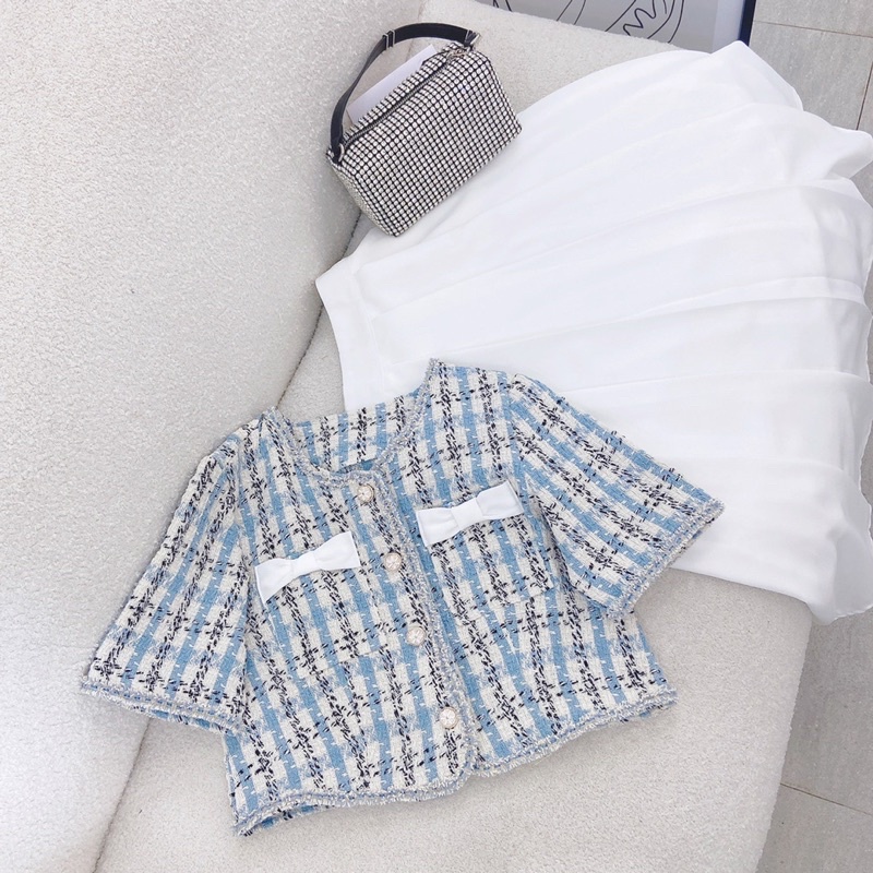 SET CROP DẠ TÚI NƠ + CHÂN VÁY MIDI XẾP LY