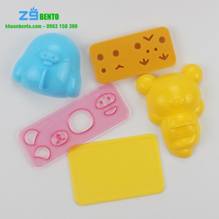 Bộ khuôn ép cơm bento gấu và gà kèm tấm cắt trang trí - Cao cấp