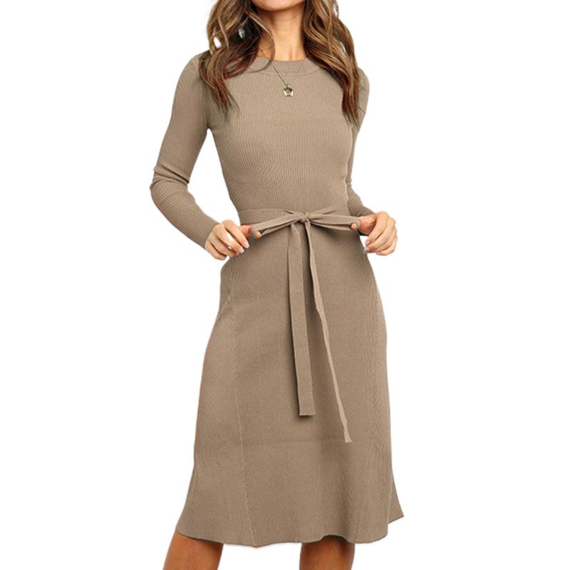 Xiangbao Đầm Midi Dệt Kim Dáng Dài Ôm Eo Có Gân Mùa Thu Cho Nữ