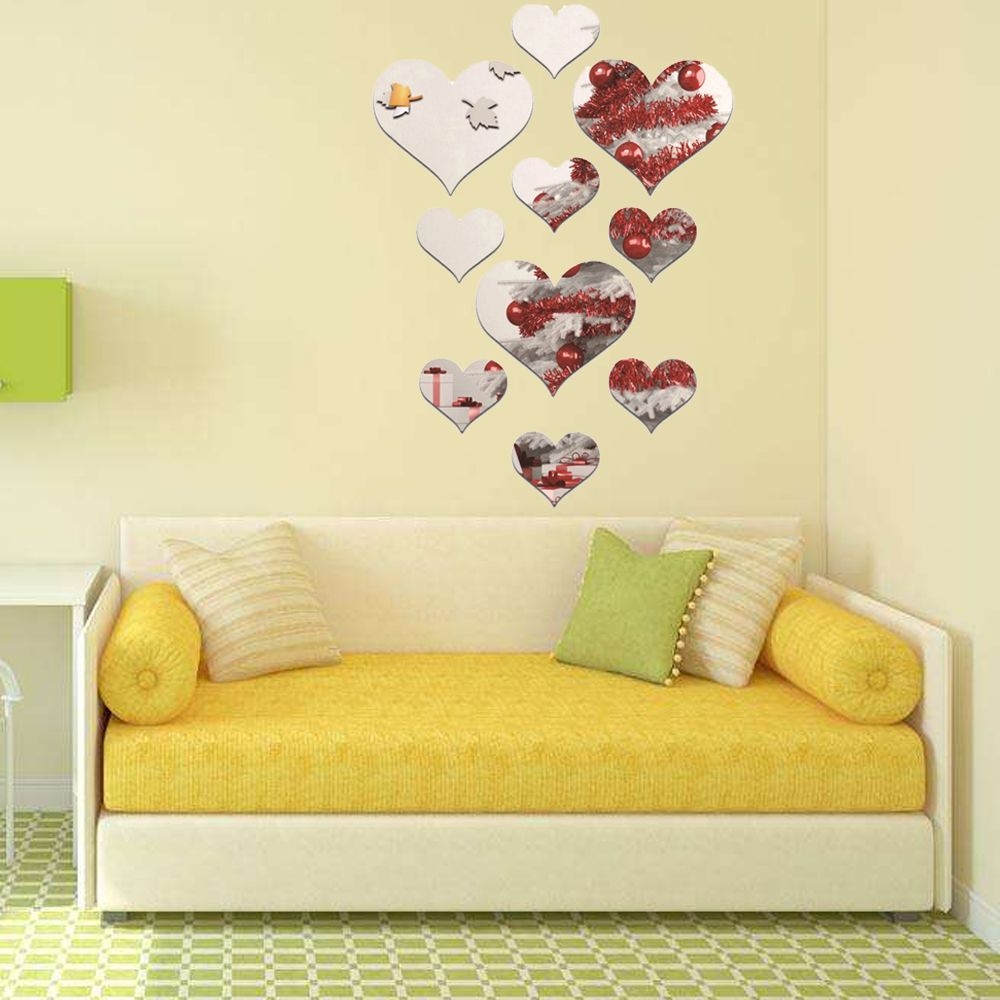 Set 10 Decal dán tường 3D Tráng Gương Hình Trái Tim Trang Trí Phòng Khách Có Thể Tháo Gỡ