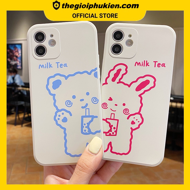 Ốp lưng iphone cạnh vuông Gấu thỏ milk tea dành cho ip 6 đến 14promax - e227