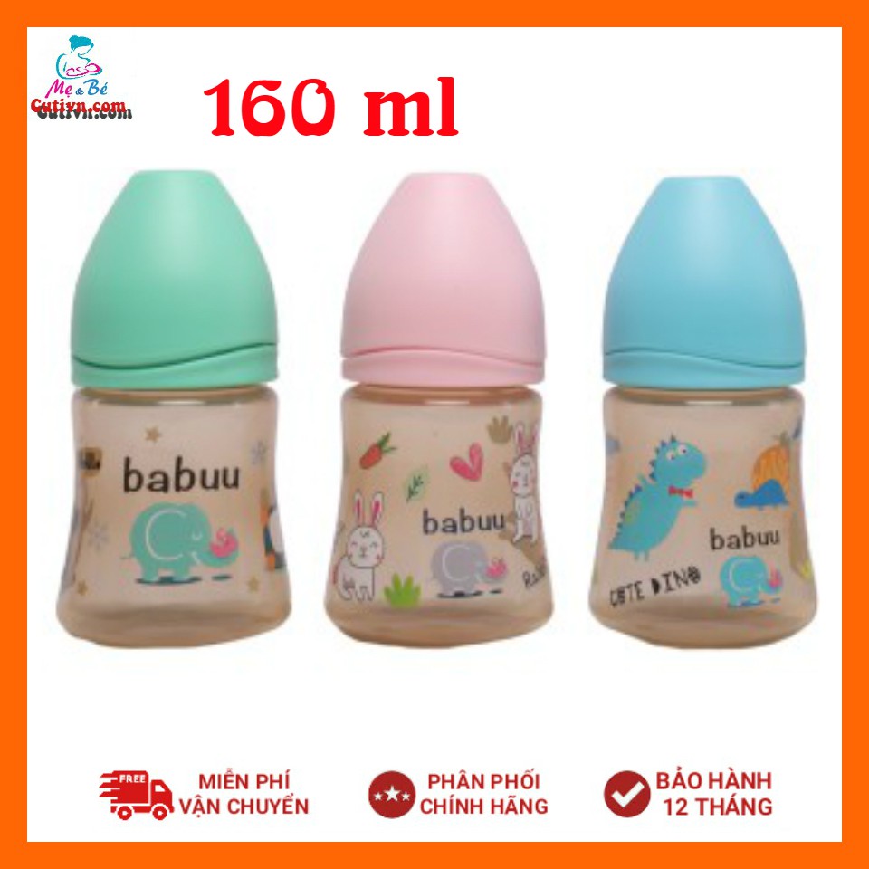 Bình sữa cổ rộng nắp sóng Babuu Baby nhựa PPSU không chứa BPA Nhật bản (tặng kèm 1 núm ti thay thế) 90ml,160ml,240ml