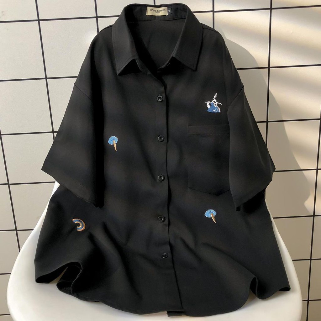 Áo Sơ Mi Tay Lỡ Nữ Thêu Hoạ Tiết BORI Vải Kate Hàn Unisex | BigBuy360 - bigbuy360.vn