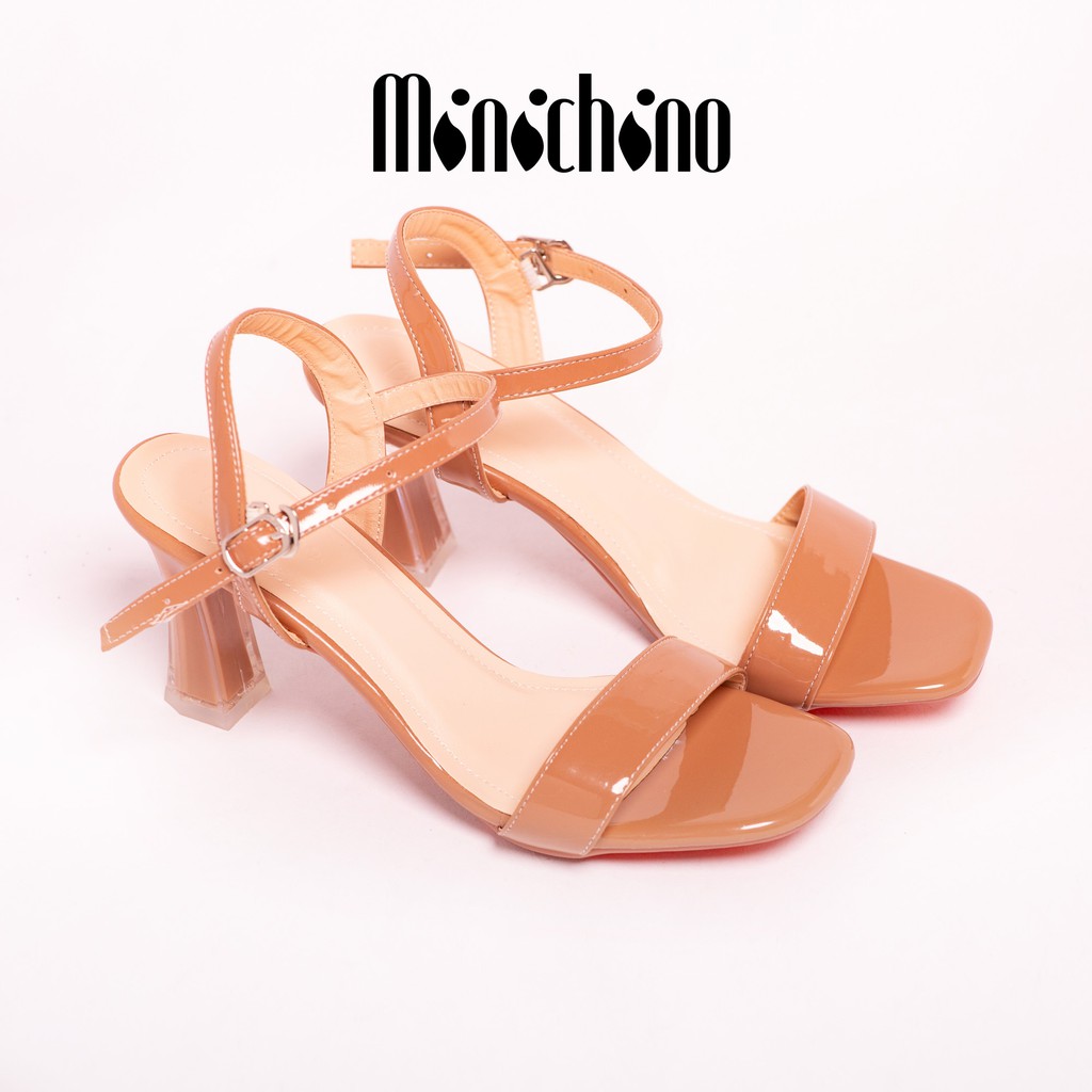 Giày cao gót MINICHINO nữ thời trang, giày sandal gót cao hỡ mũi trụ cao 7p fom chuẩn size 35-40 màu Nâu nhạt