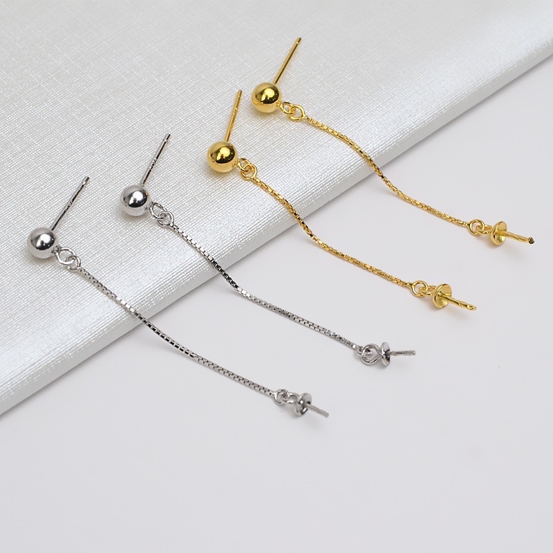 [B8T1] Phụ kiện trang sức (DIY) - Cặp (2) bông tai bạc trống hạt kiểu thả bi bóng mẫu tự làm