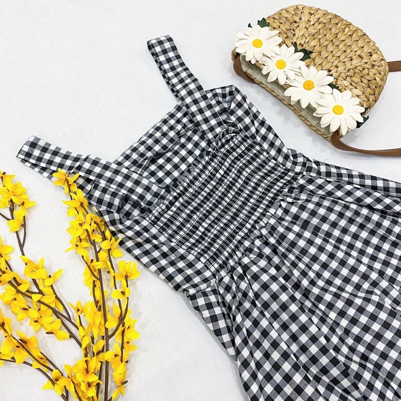 Đầm váy 2 dây maxi caro nhúng thun