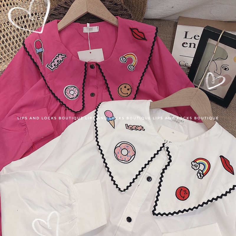 ÁO SƠ MI DÁNG XOÈ CỔ BÈO THÊU STICKER - HÌNH THẬT
