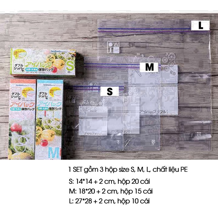 Set 3 Hộp 45 Túi zip nhiều size bảo quản thực phẩm Nhật sử dụng trong lò vi sóng và tủ đông