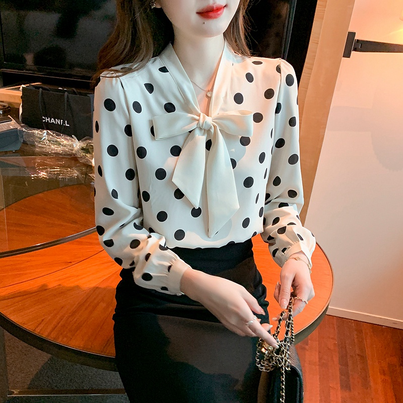 Áo Sơ Mi Chiffon Tay Dài Cổ Thắt Nơ Họa Tiết Chấm Bi Phong Cách Pháp Thời Trang Mùa Thu Cho Nữ