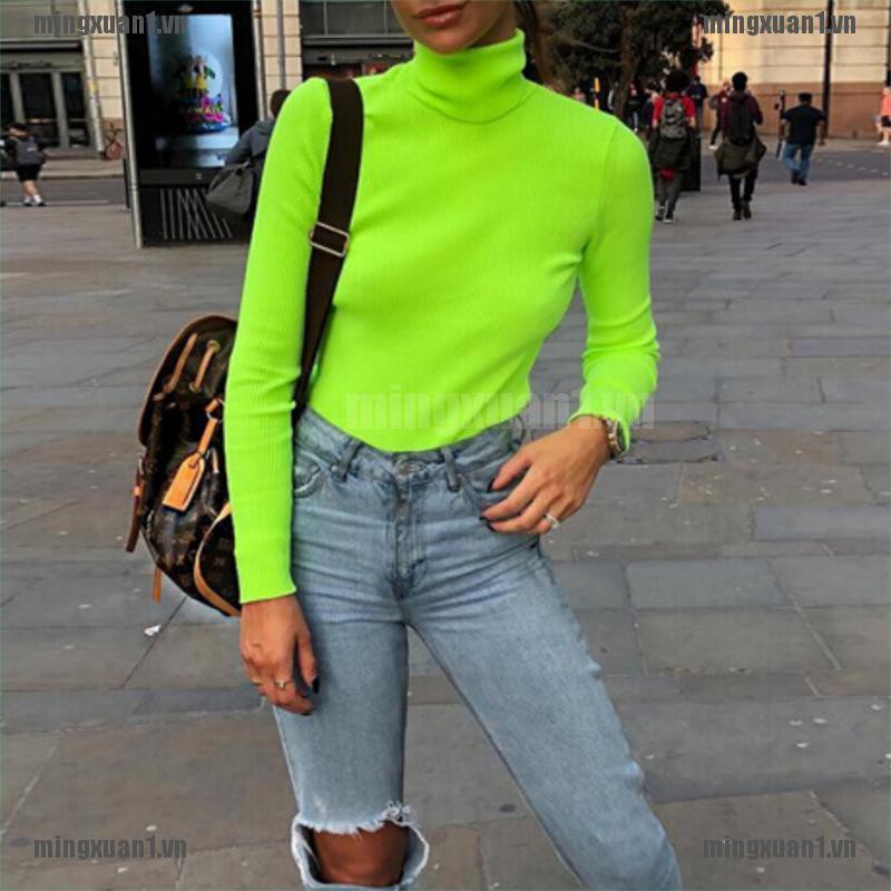 MINON Autumn Winter Neon Color Ribbed TShirt Women Turtleneck Fashion Knitted Tops Tee VN