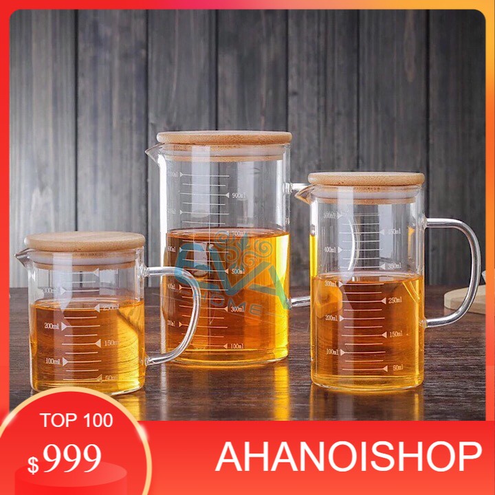 Ly Cốc ca thủy tinh Glass Cup chia vạch đo lường định lượng đong thể tích có nắp gỗ đậy chịu nhiệt 350-500-1000ml (NH)