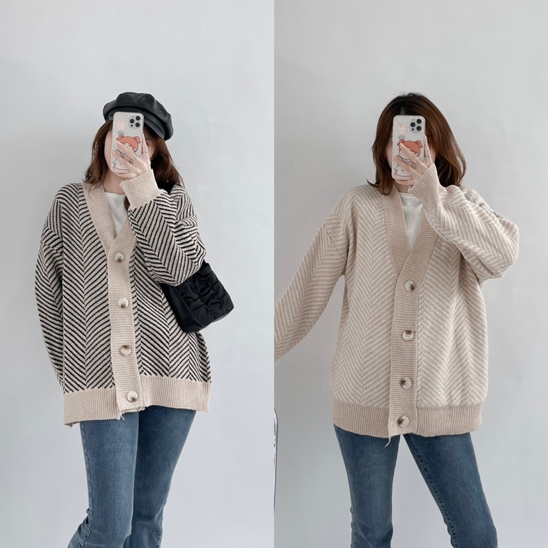 áo khoác cardigan len nữ dáng dài kẻ sọc hàn quốc (Ảnh thật/ sẵn)