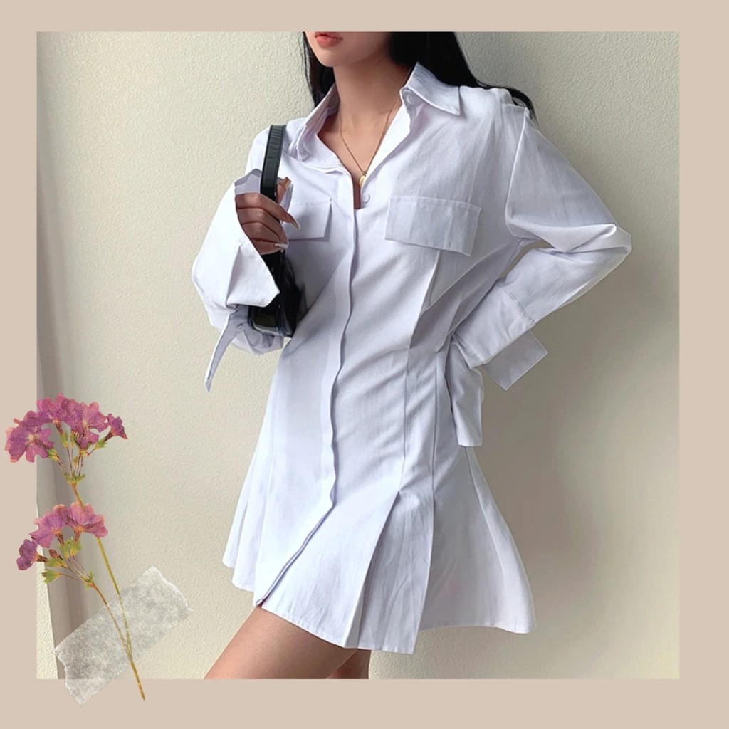 Váy đầm sơmi trắng dáng dài qua gối tay dài form suông thắt eo phong cách hàn quốc ôm body sexy quyến rũ