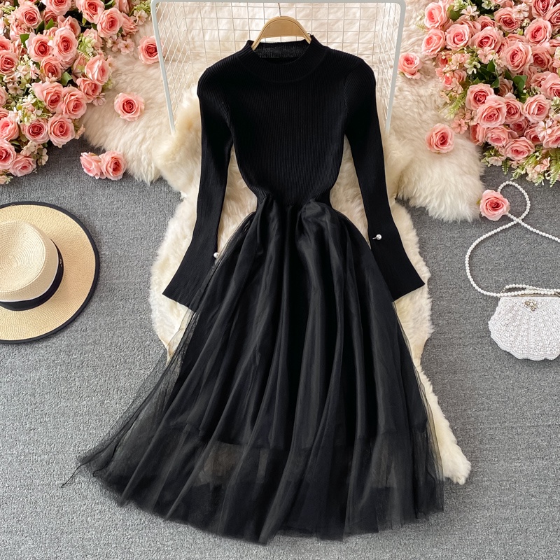 Váy len cổ tròn phối voan, đầm len dễ thương