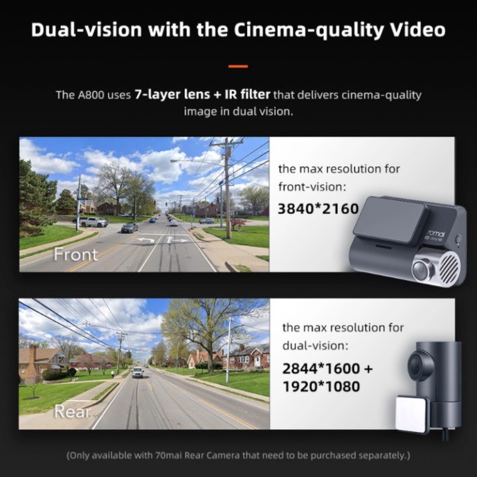 Sản Phẩm Camera hành trình ô tô Xiaomi 70mai. Bản Quốc Tế cao cấp A800S, 4K, Wifi (Bộ tích hợp Camera trước + Sau) .