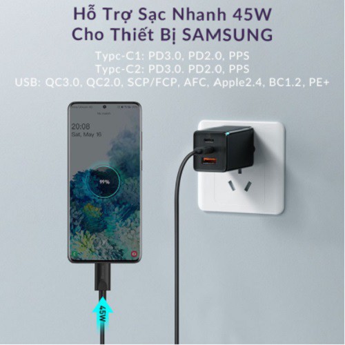 Bộ sạc GaN 3, Cốc sạc nhanh Ba-seus 65W GaN 3 Pro - Smartphone/Tablet/Macbok/Laptop (Type Cx2 + USB, PD3.0/PPS/QC4)